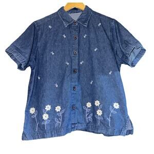 Vintage Chambray Embroidered Floral Top Button Up Women Large Daisy 90s Prairie